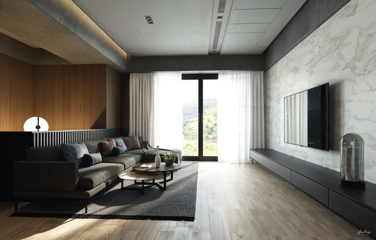 Spacious modern living room featuring a scenic landscape view through large windows.